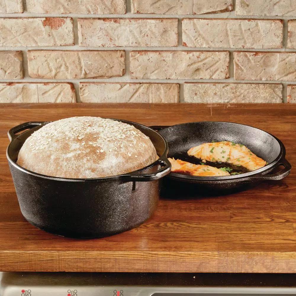 Lodge 5 Qt. Round Cast Iron Double Dutch Oven with Skillet Lid, Black