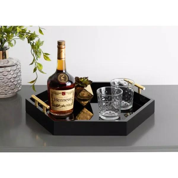 Kate and Laurel Lipton 18 in. Black and Gold Hexagon Decorative Serving Tray with Metal Handles