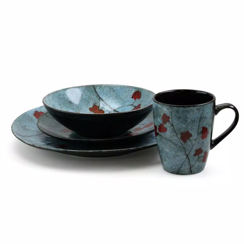 Elama Floral Accents 16-Piece Blue Stoneware Dinnerware Set, Service for 4