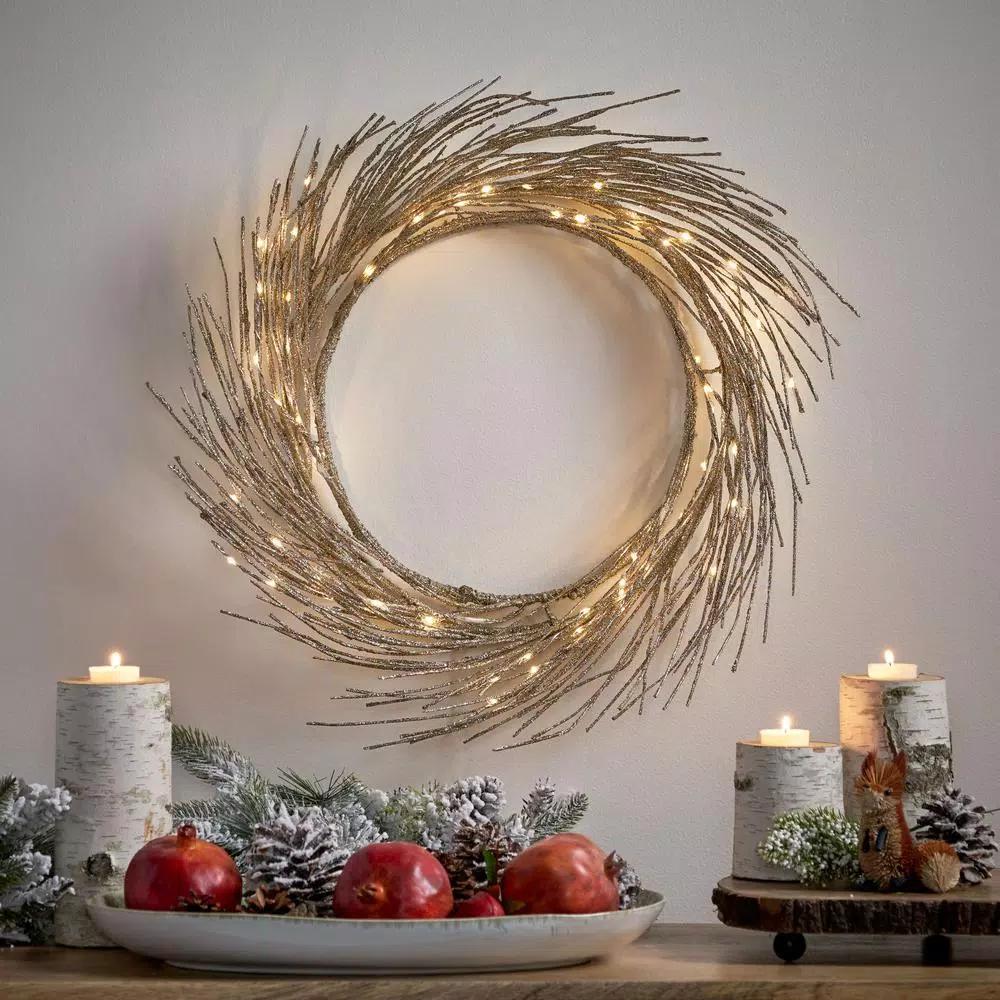 Noble House 24 in. Champagne Glitter Pre-Lit Warm White LED Artificial Christmas Wreath