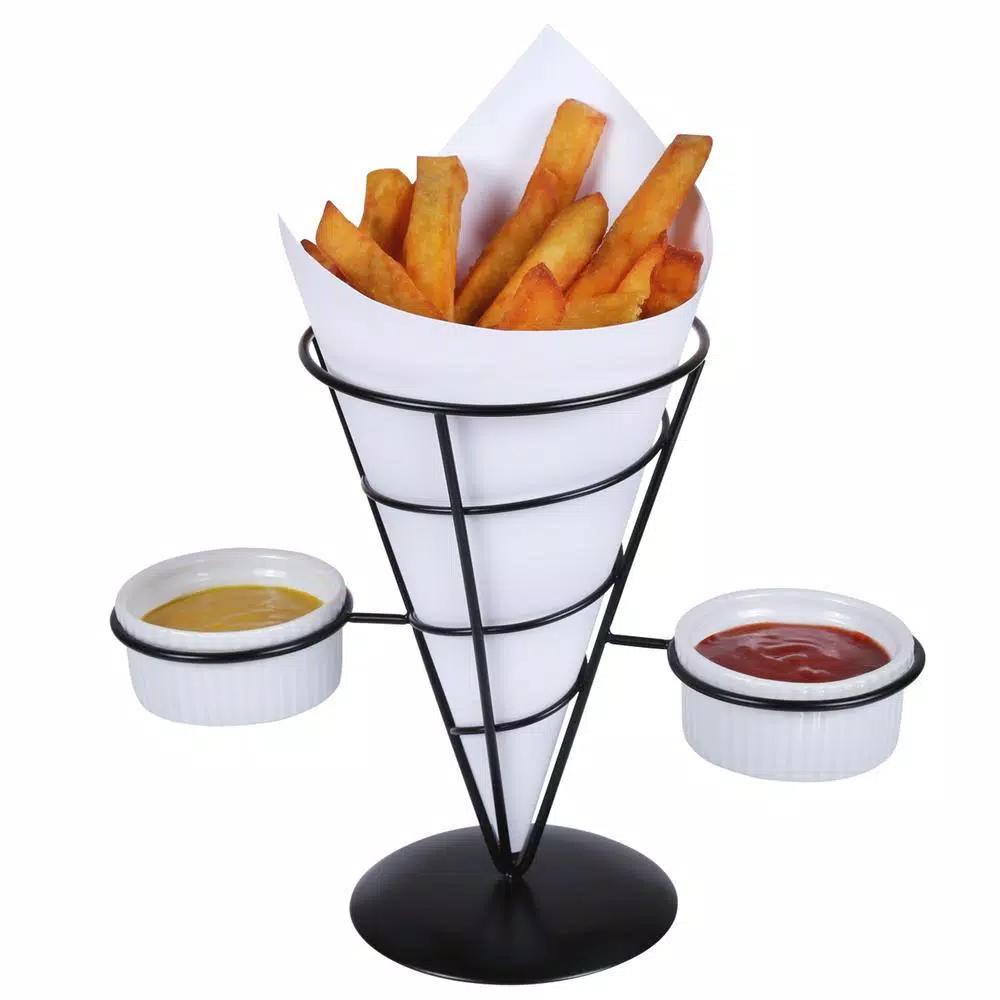 Creative Home Black Iron Wire French Fry Holder Set with 2 Ceramic Ramekins for Dipping Sauce