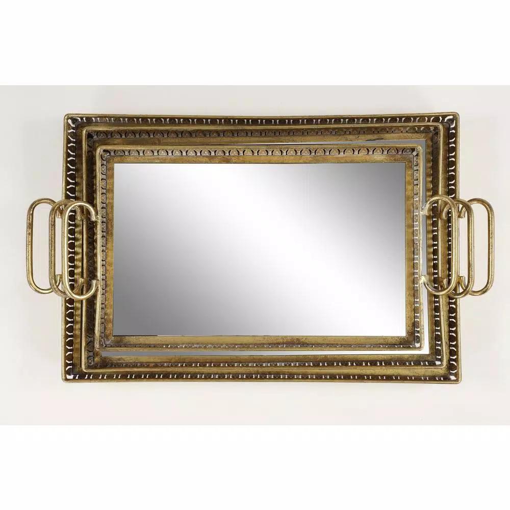 LITTON LANE Set of 3 Large Rectangular Metallic Gold Mirror Vanity Trays with Pierced Metal Designs