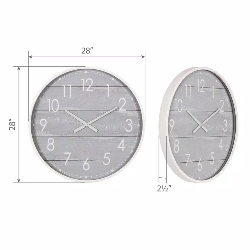 Pinnacle 28 in. Gray Washed Wood Plank Round Wall Clock - Rustic Farmhouse Decor