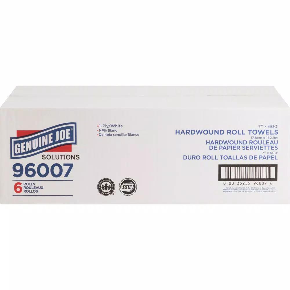 Genuine Joe Solutions 1-Ply Hardwound Paper Towels, White, 6 Rolls