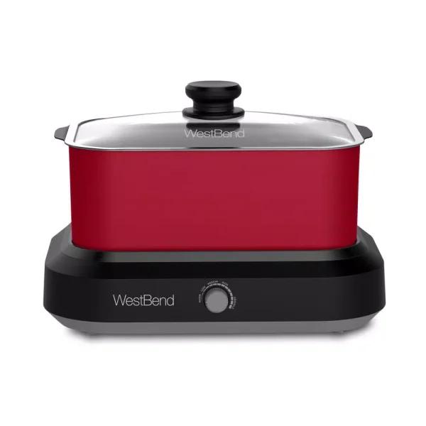 West Bend 5 Qt. Red Non-Stick Versatility Slow Cooker with Griddle Base, Travel Lid, and Thermal Tote