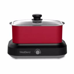 West Bend 5 Qt. Red Non-Stick Versatility Slow Cooker with Griddle Base, Travel Lid, and Thermal Tote thumbnail 1