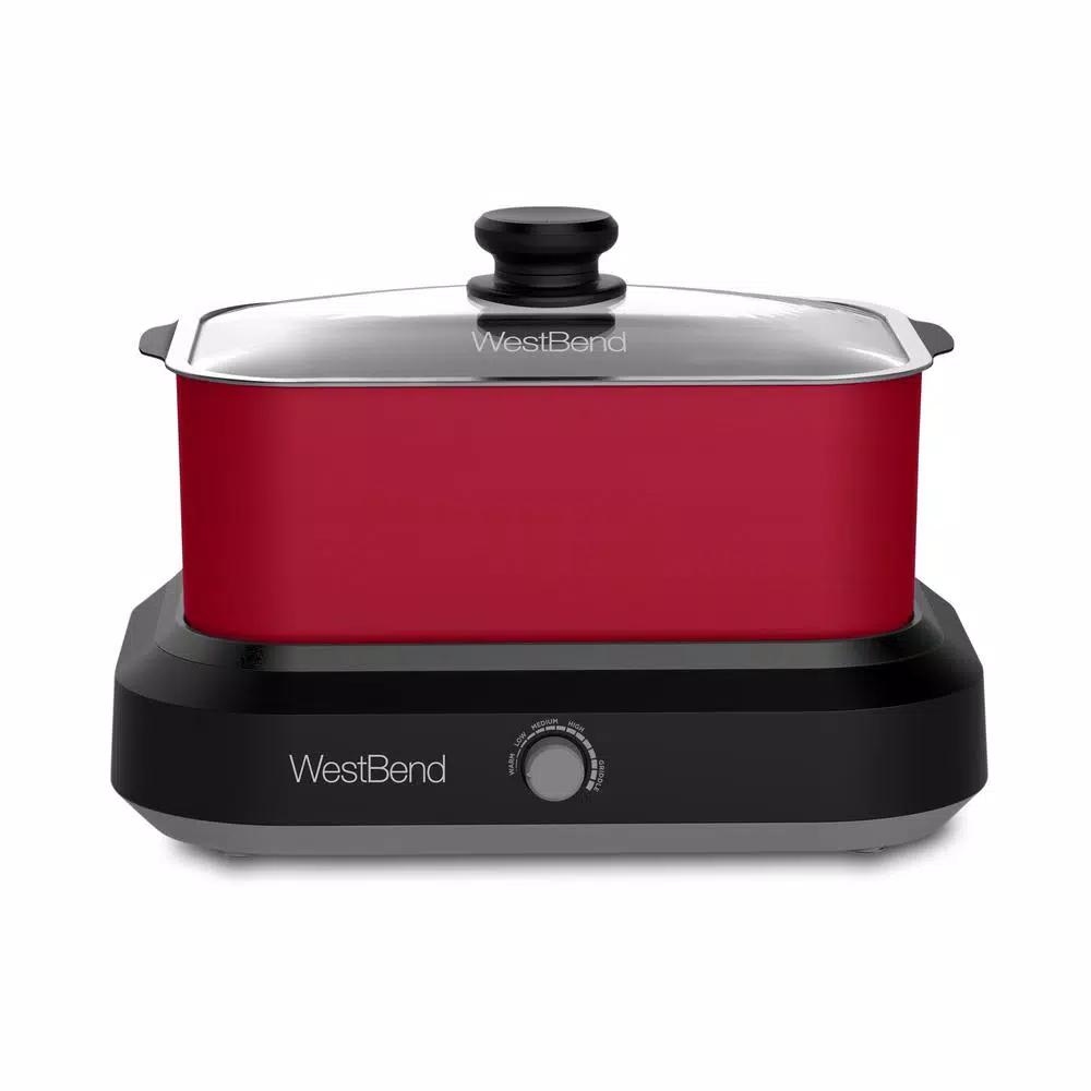 West Bend 5 Qt. Red Non-Stick Versatility Slow Cooker with Griddle Base, Travel Lid, and Thermal Tote