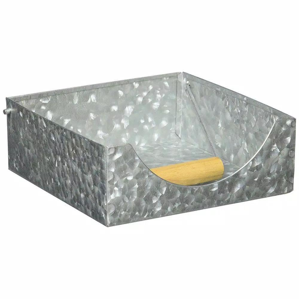 Benzara Galvanized Steel Napkin Holder with Folding Wooden Handle - Gray Vintage Style