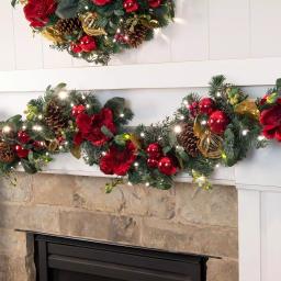 Village Lighting Company 9 ft. Pre-Lit Red Magnolia Christmas Garland with 100 LED Mini Lights thumbnail 3
