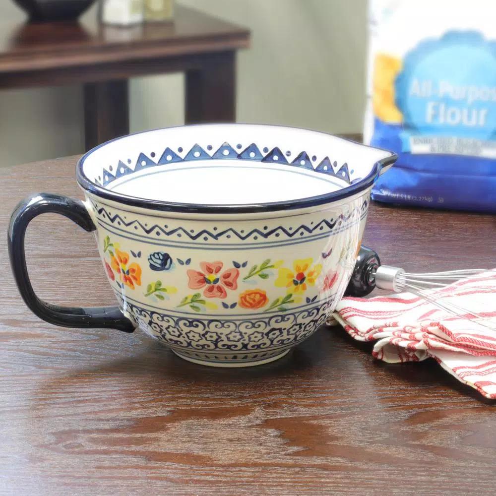 GIBSON elite Luxembourg Hand Painted Stoneware Mixing Bowl with Spout and Handle, 2 Qt.