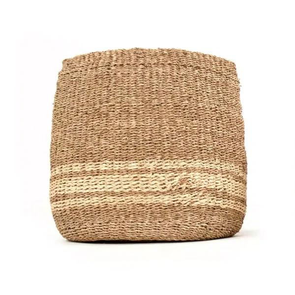 Zentique Hand Woven Seagrass and Palm Leaf Large Decorative Basket with Beige Stripes