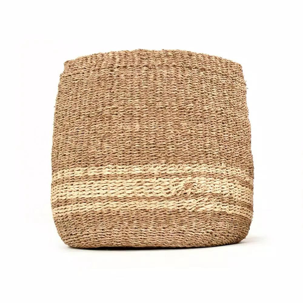 Zentique Hand Woven Seagrass and Palm Leaf Large Decorative Basket with Beige Stripes
