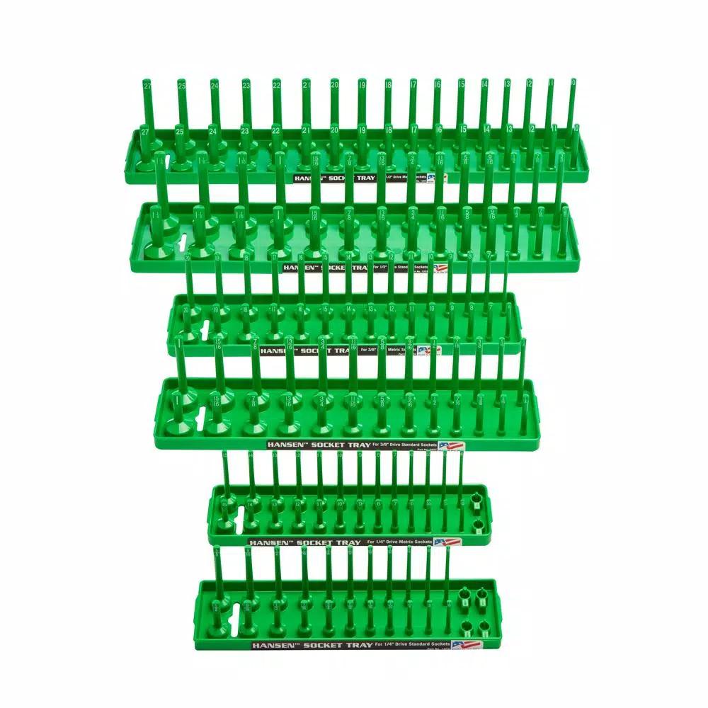 Hansen Global Inc. Green Socket Tray Assortment 6-Pack, SAE and Metric for 1/2 in., 3/8 in. and 1/4 in. Drives