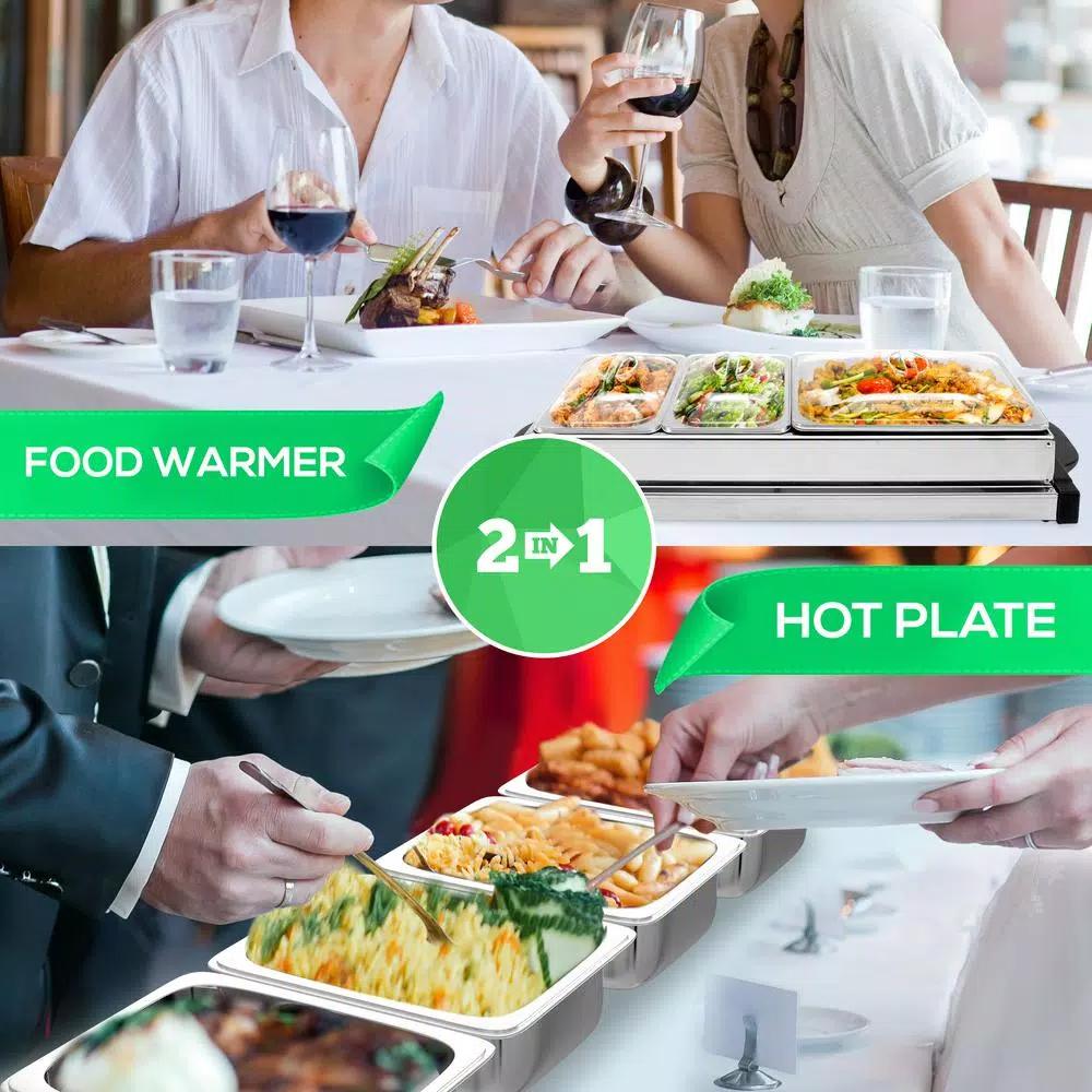 NutriChef 27.6 in. 3-Burner Stainless Steel Electric Buffet Server Food Warming Tray