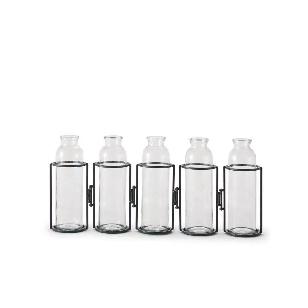 Danya B. 8 in. Hinged 5-Bottle Vase, Black Iron and Clear Glass