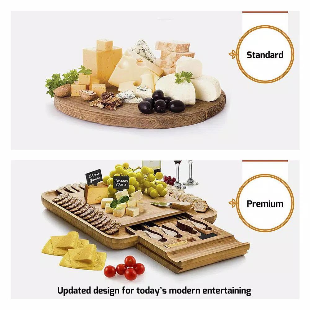 Bambusi Bambsi Bamboo Cheese Board and Cutlery Set with Slide Out Drawer and 4 Utensils