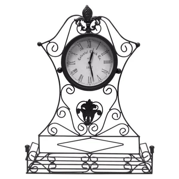 Benjara Epoch Black Metal Outdoor Clock with Scrollwork and Storage Base