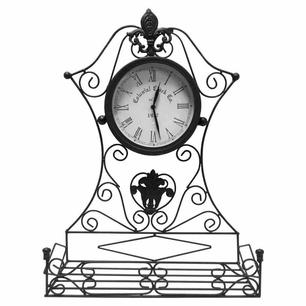 Benjara Epoch Black Metal Outdoor Clock with Scrollwork and Storage Base
