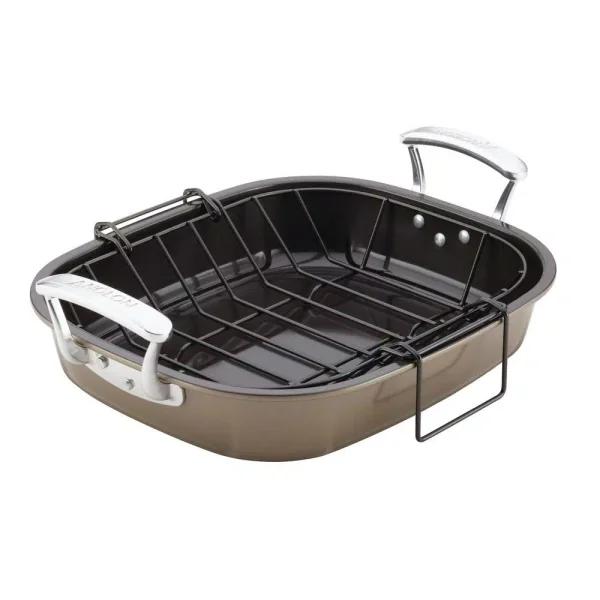 Unbranded Anolon Advanced 16 in. x 13.5 in. Nonstick Roasting Pan with Removable U-Rack, Bronze