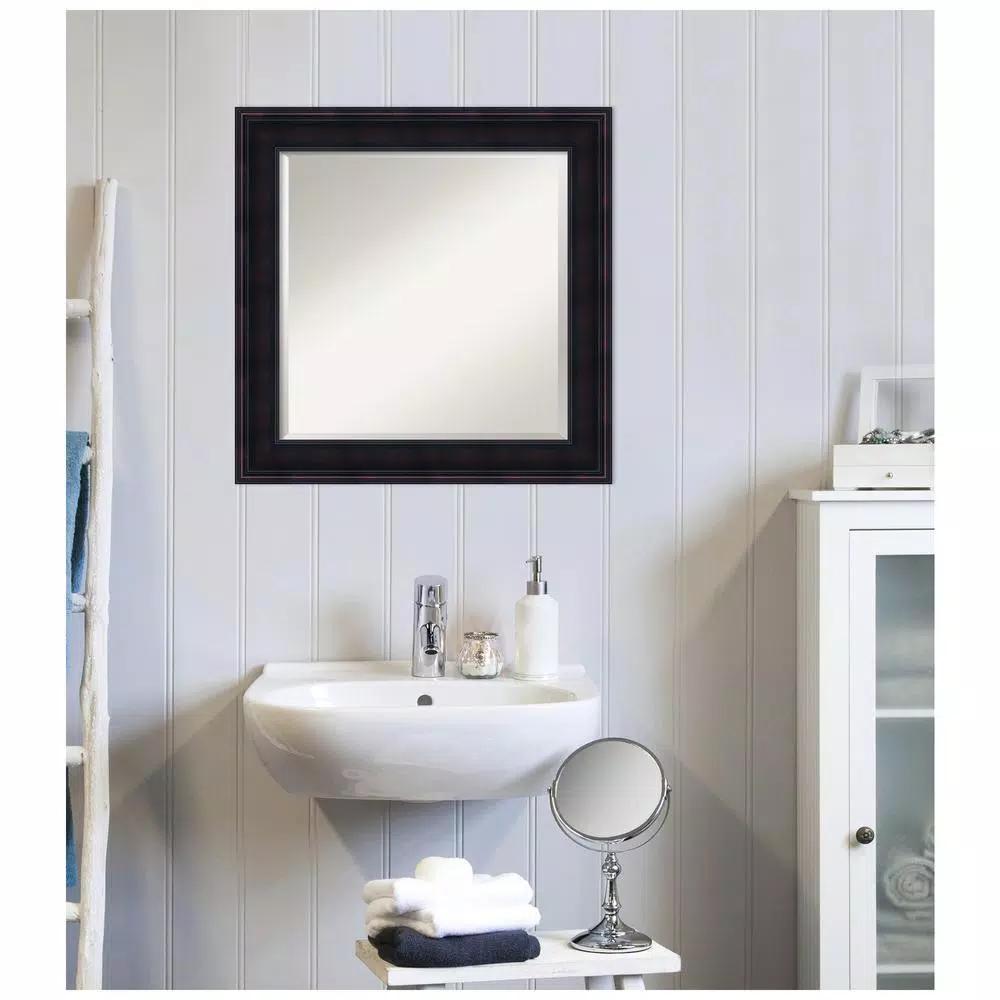 Amanti Art 25 in. Square Beveled Edge Wood Framed Bathroom Vanity Mirror, Dark Brown Mahogany