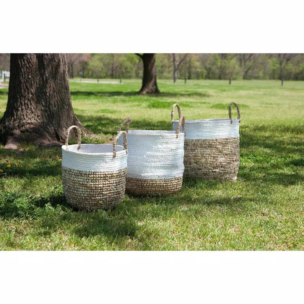 IMAX Worldwide Home Shoelace and Raffia Woven Decorative Baskets, Set of 3, Brown