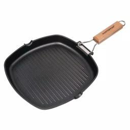 MasterPan 10 in. Cast Aluminum Nonstick Grill Pan with Pour Spout and Folding Wooden Handle, Black thumbnail 1