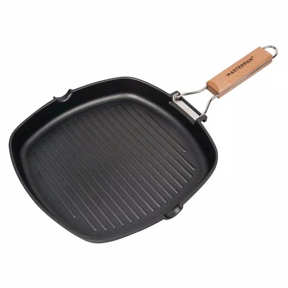 MasterPan 10 in. Cast Aluminum Nonstick Grill Pan with Pour Spout and Folding Wooden Handle, Black