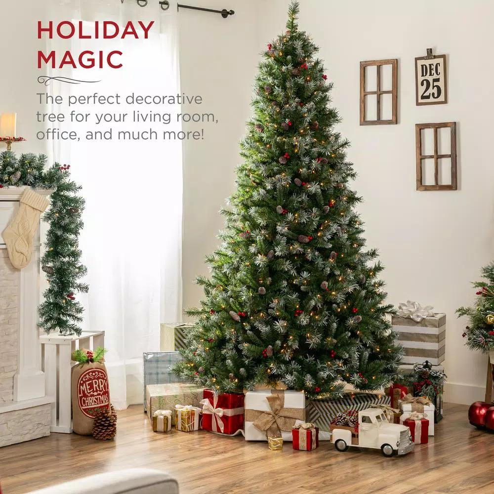 Best Choice Products 6 ft. Pre-Lit Flocked Artificial Christmas Tree with 250 Warm White Lights, Berries & Pinecones