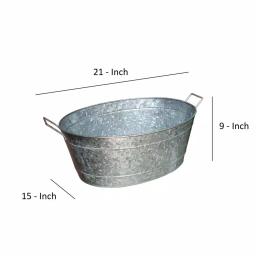 Benjara 1.1 Gal. Oval Galvanized Steel Embossed Tub with Side Handles, Silver thumbnail 3