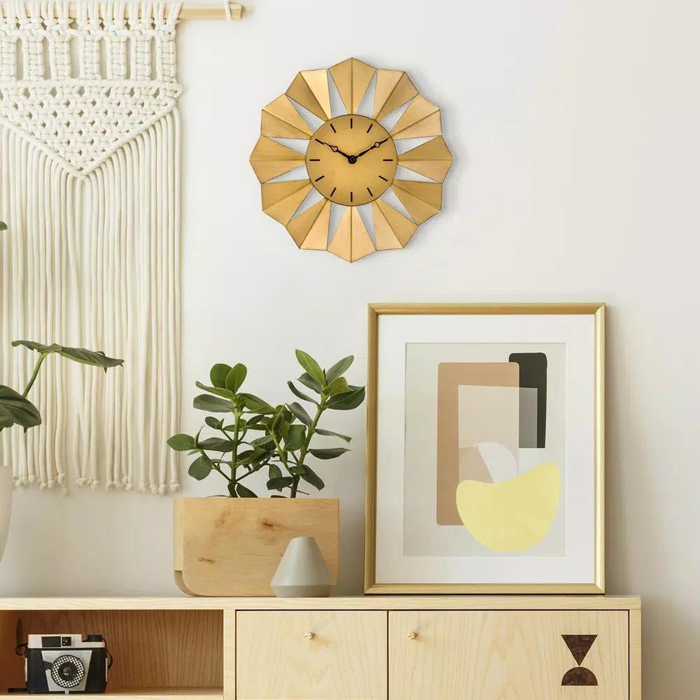 La Crosse Technology 12.8 in. Gold Metal Sunray Quartz Wall Clock - Mid-Century Sunburst Design