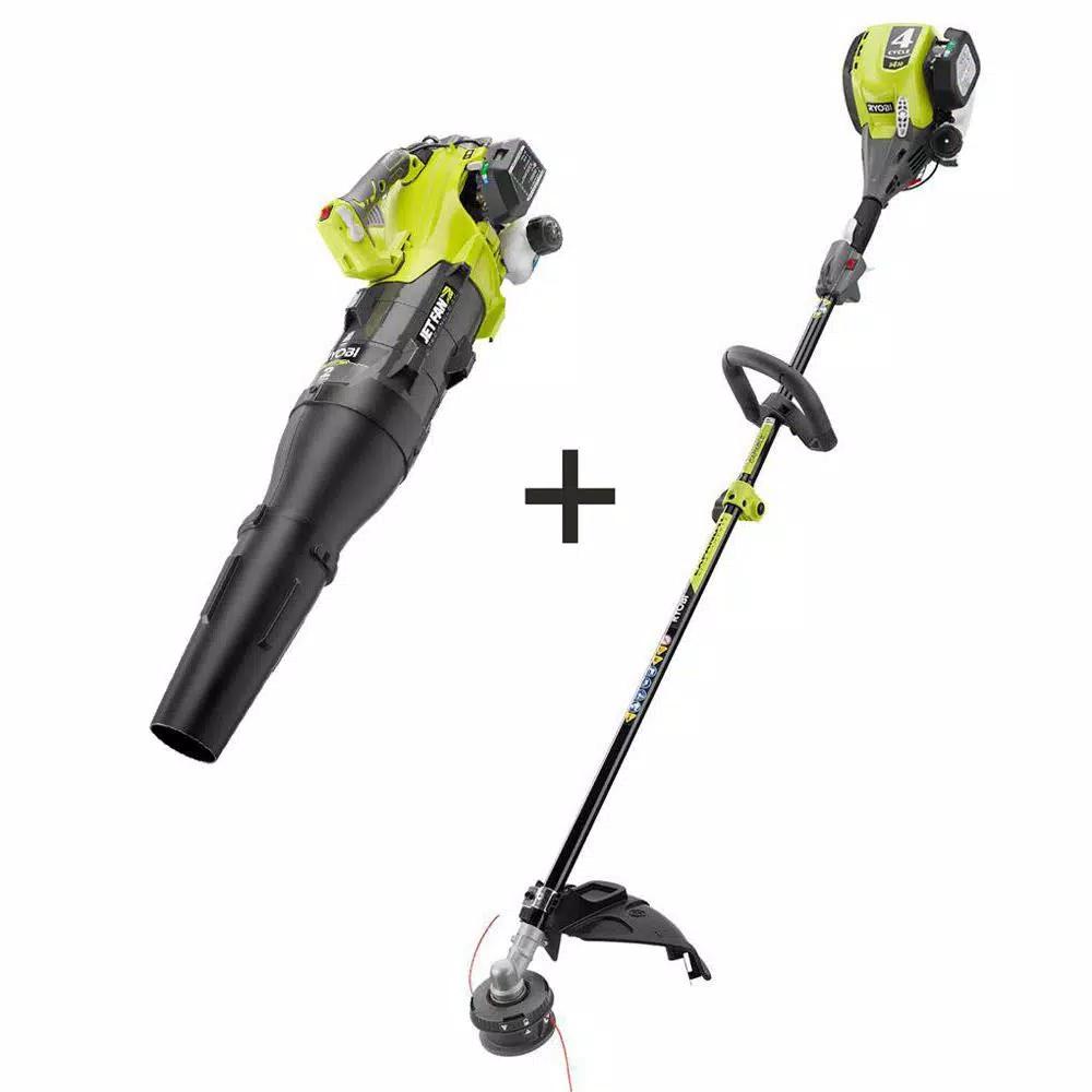 RYOBI Gas Trimmer 30cc 4-Cycle Attachment Capable & 25cc 2-Cycle Jet Fan Blower Combo