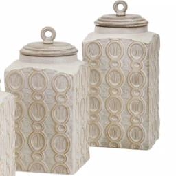 Benjara Dreanna 3-Piece White Ceramic and Mango Wood Canister Set with Distressed Cream Finish thumbnail 3
