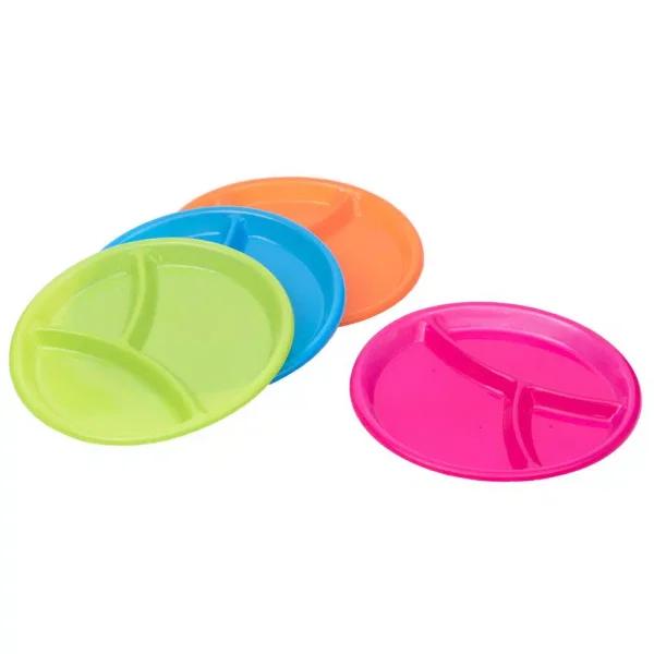 Basicwise Assorted Colors 3-Compartment Plastic Divided Plates for Babies and Toddlers (Set of 4)
