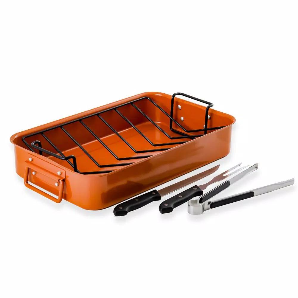 Ovente 5.5 Qt. Non-Stick Roasting Pan with Carving Set and V-Shaped Rack, Copper