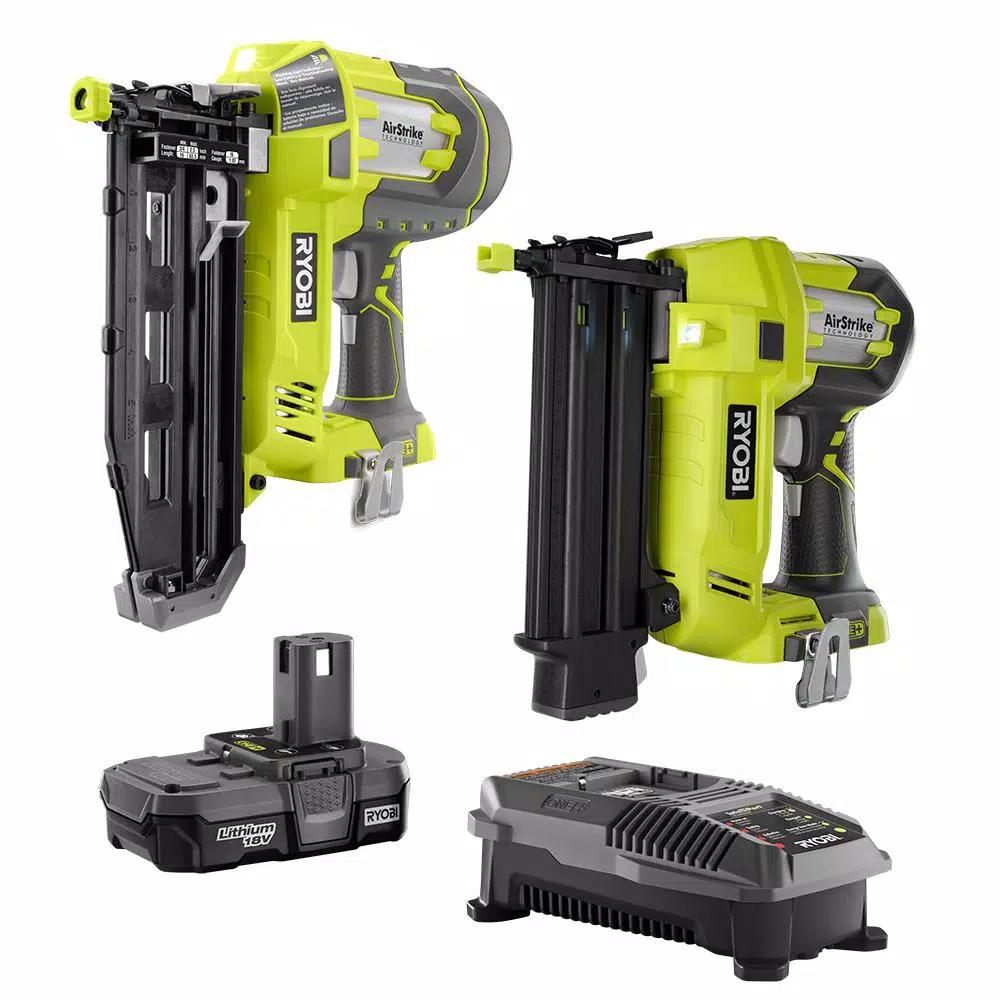 RYOBI 18V ONE+ AirStrike 18-Gauge Brad Nailer and 16-Gauge Finish Nailer 2-Tool Combo Kit