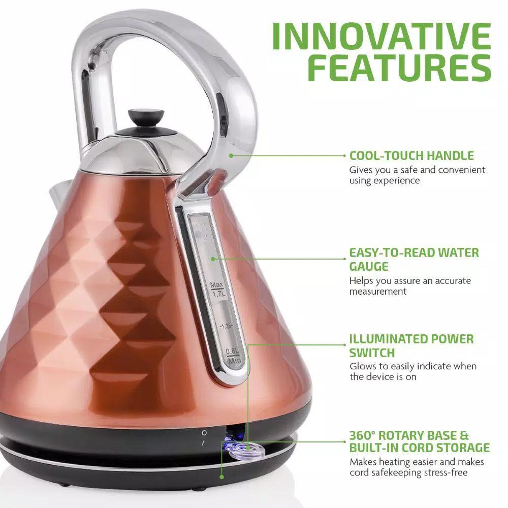 Ovente Cleo Collection 1.7L Copper Electric Kettle, 1500W Stainless Steel Tea Kettle with Auto Shut-Off