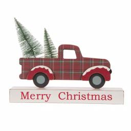 Glitzhome Merry Christmas Red Truck Wooden Table Decor with Christmas Trees thumbnail 6