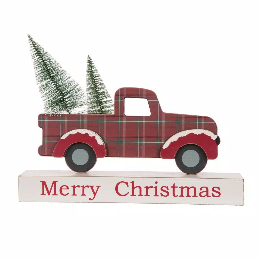 Glitzhome Merry Christmas Red Truck Wooden Table Decor with Christmas Trees