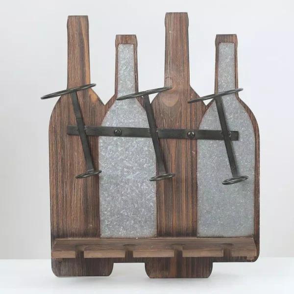 Luxen Home Rustic Wood & Metal Wall Mounted Wine Rack - Holds 3 Bottles & 4 Glasses