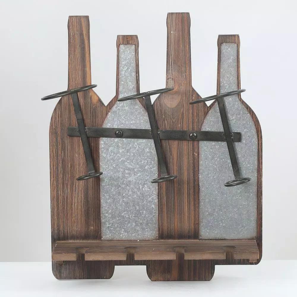 Luxen Home Rustic Wood & Metal Wall Mounted Wine Rack - Holds 3 Bottles & 4 Glasses