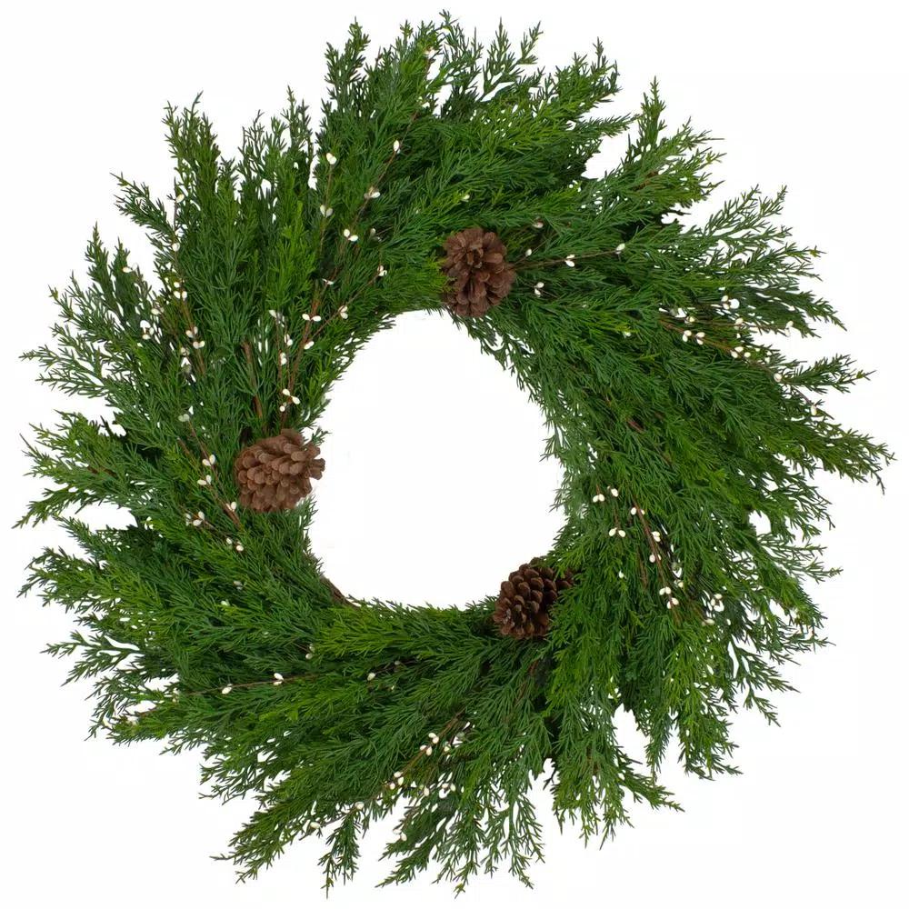 Northlight 32 in. Artificial Green Cypress Christmas Wreath with Pinecones and White Berries