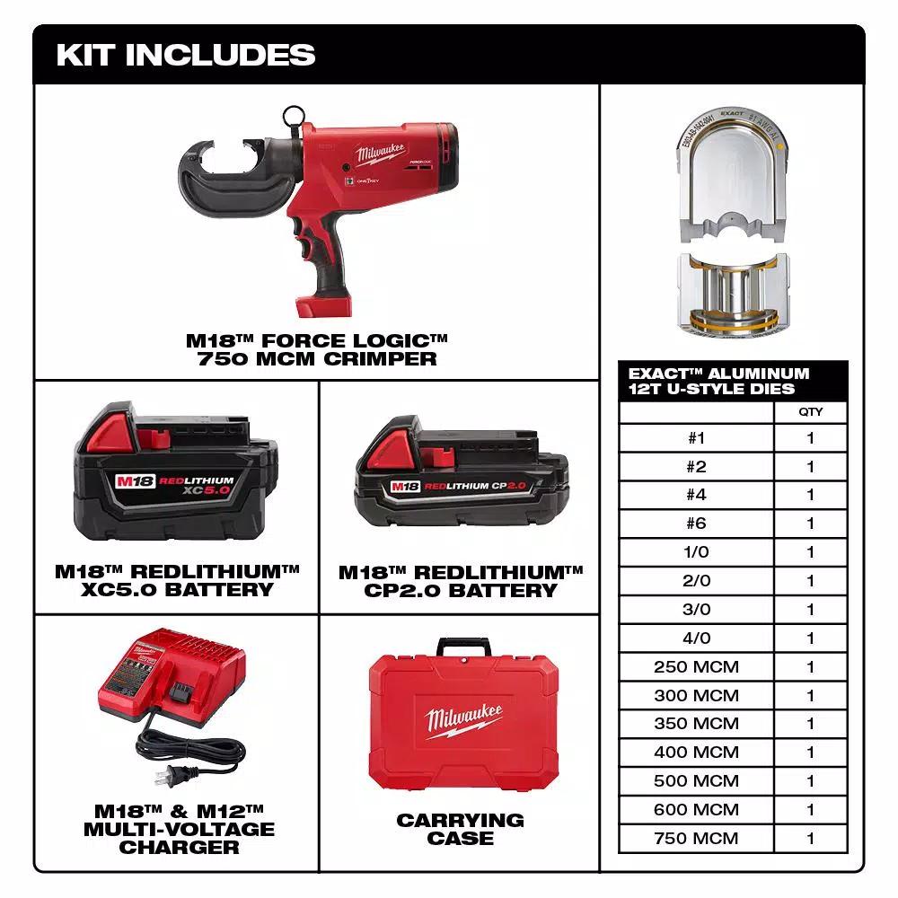 Milwaukee M18 FORCE LOGIC 750 MCM Crimper Kit with EXACT Dies & M18 FUEL Hammer Drill/Impact Driver Combo
