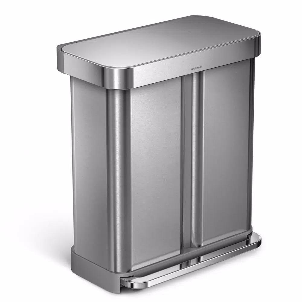simplehuman 15 Gallon Dual Compartment Stainless Steel Step Trash Can and Recycling Bin