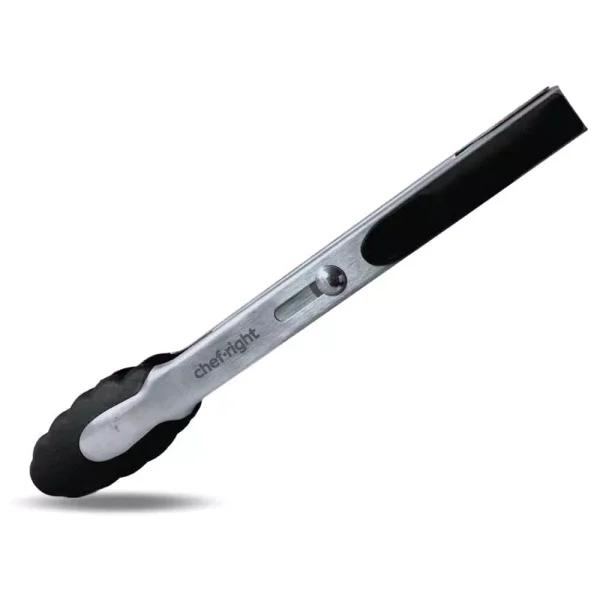 Chefright 10 in. Brushed Stainless Steel Magnetic Locking Tongs with Soft Rubber Grips, Set of 3