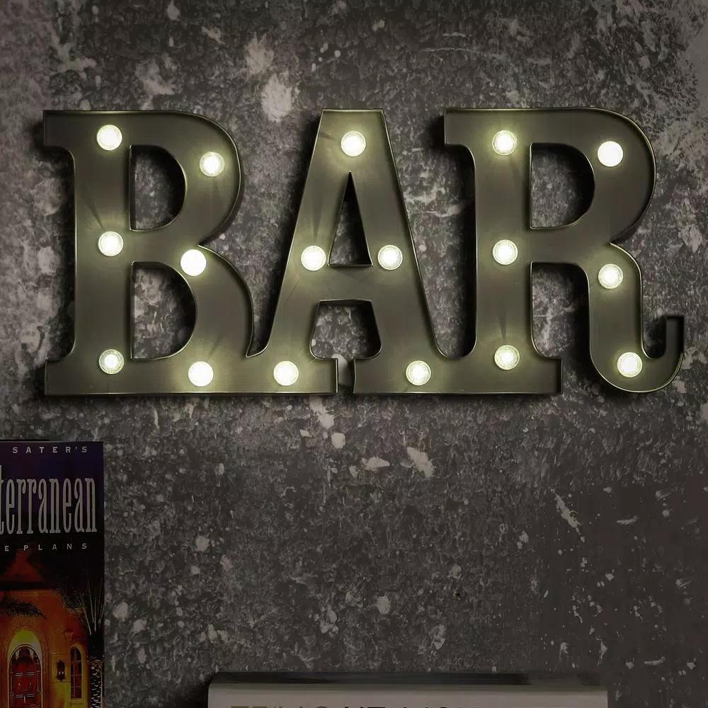 Winsome House Bar Marquee Lighted Sign with 17 LED Globe Bulbs - Gray Metal Wall Decor