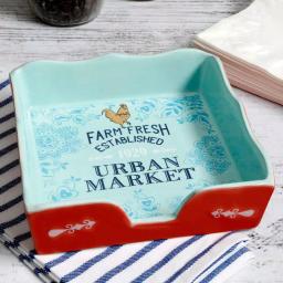 Urban Market Life On The Farm 10.2 in. Stoneware Napkin Holder - Coral and Blue Rooster Design thumbnail 5