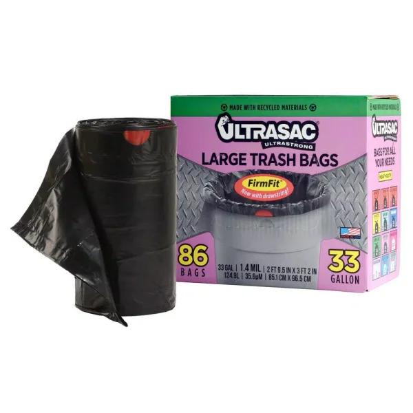 Ultrasac 33 Gallon Black Large Drawstring Trash Bags, Heavy Duty, 86-Count