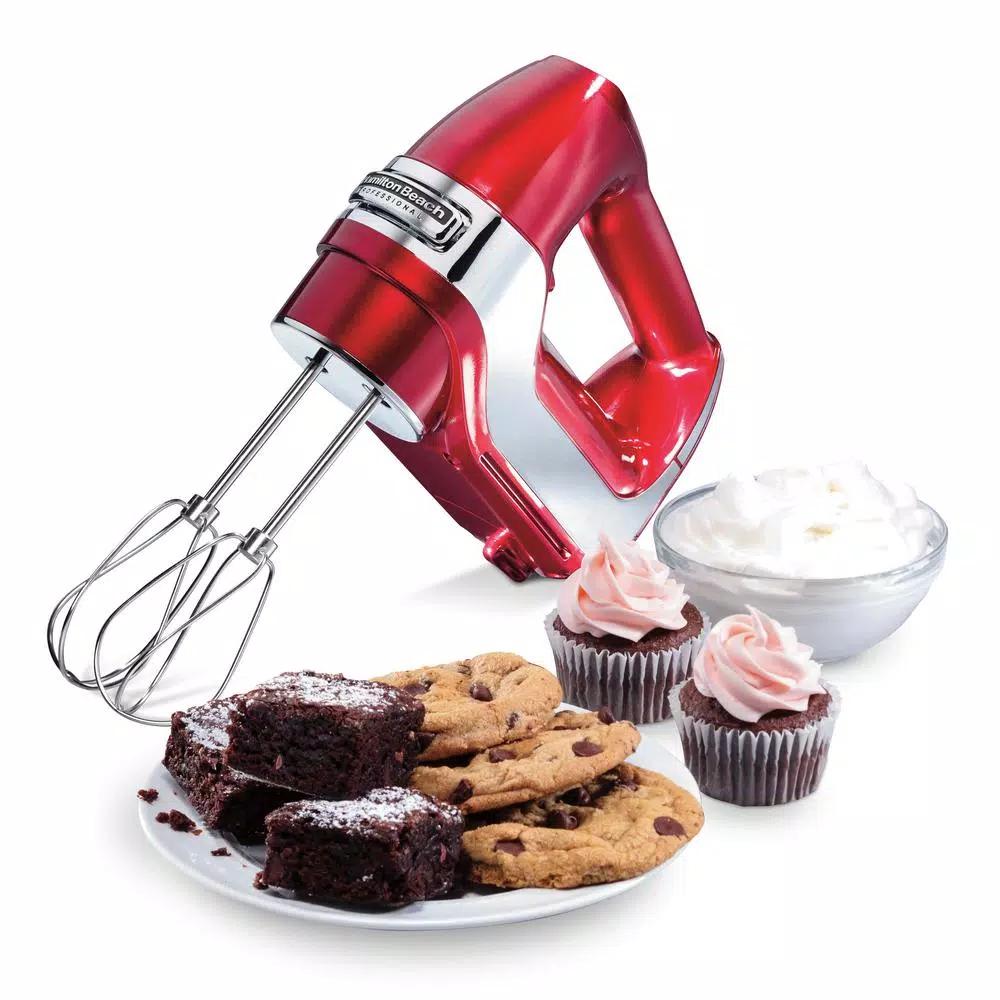 Hamilton Beach Professional 5-Speed Hand Mixer, Red and Chrome with Attachments and Storage Case