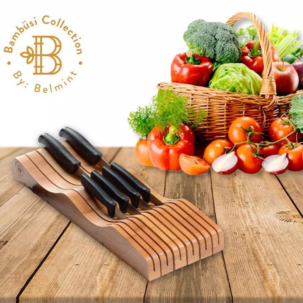 Bambusi Bambsi Bamboo In-Drawer Knife Block Organizer, 15 Slot Wood Knife Storage for Kitchen Drawers