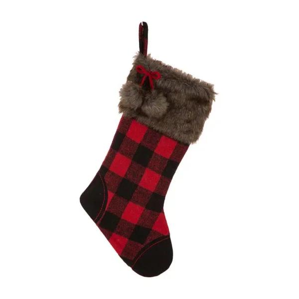 Glitzhome 21 in. Buffalo Plaid Christmas Stocking - Black and Red Polyester Fur